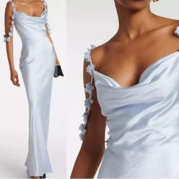 New Caroline Constas 3-D Flower Applique Trim Straps Satin Maxi Dress Pale Blue - Picture 6 of 12